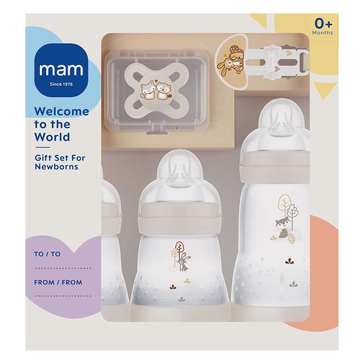 MAM Newborn Set, Geschenkset, bestehend aus: 2 x Anti-Colic-Flasche 160 ml, 1 x Anti-Colic-Flasche 260 ml, 1 x Original Start Schnuller, 1 x Brosche für Schnuller, ab 0 Monaten, Neutro