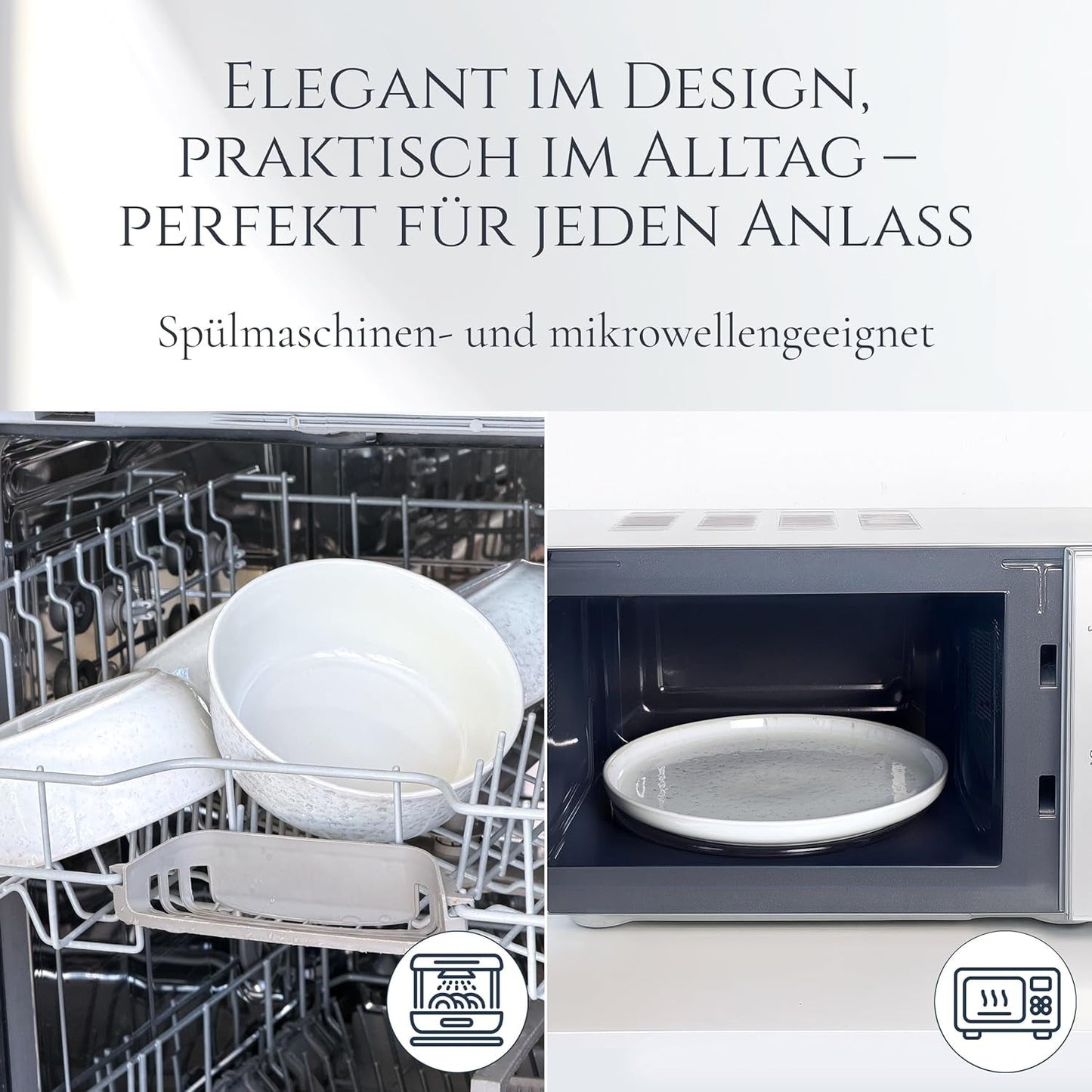 48-teiliges Keramik-Steinzeug-Geschirrset für 12 Personen, Ibiza-Design, TESTSIEGER. Ein wunderschönes mediterranes Geschirrset aus Keramiksteinzeug mit Schüsseln und Tellern. Pure Living Geschirrset, beige.