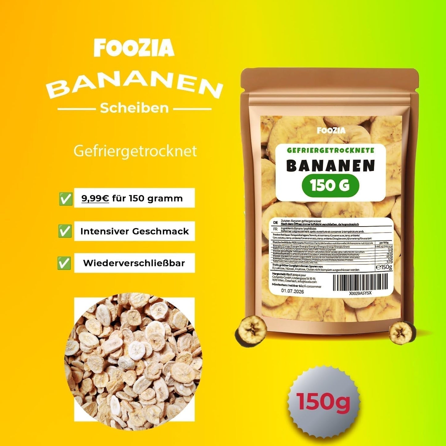 Gefriergetrocknete Bananen 150g Scheiben, Gefriergetrocknete Früchte ohne Zusatzstoffe Rein – 100 % natürliche Trockenfrüchte – Getrocknete Bananen Trockenfrüchte von Foozia Dehydrierte Produkte Naty Shop