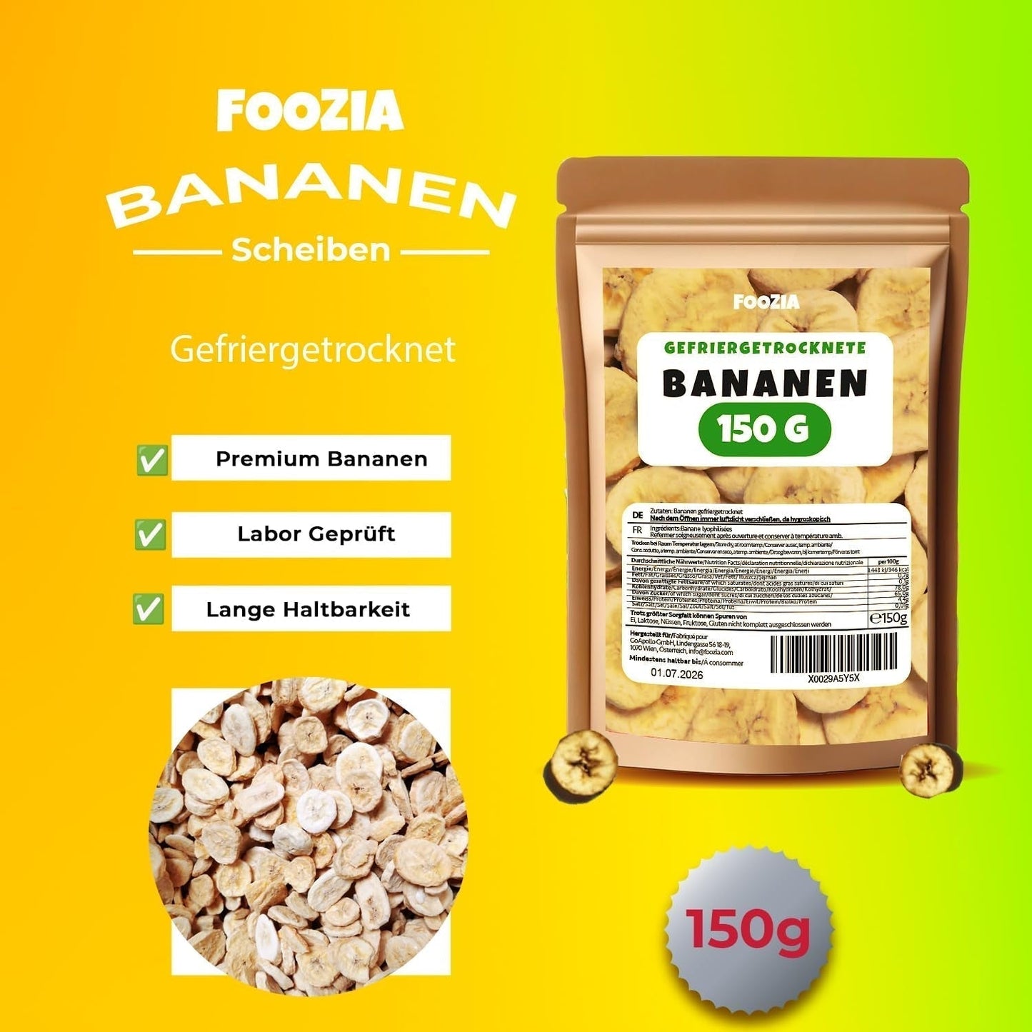 Gefriergetrocknete Bananen 150g Scheiben, Gefriergetrocknete Früchte ohne Zusatzstoffe Rein – 100 % natürliche Trockenfrüchte – Getrocknete Bananen Trockenfrüchte von Foozia Dehydrierte Produkte Naty Shop
