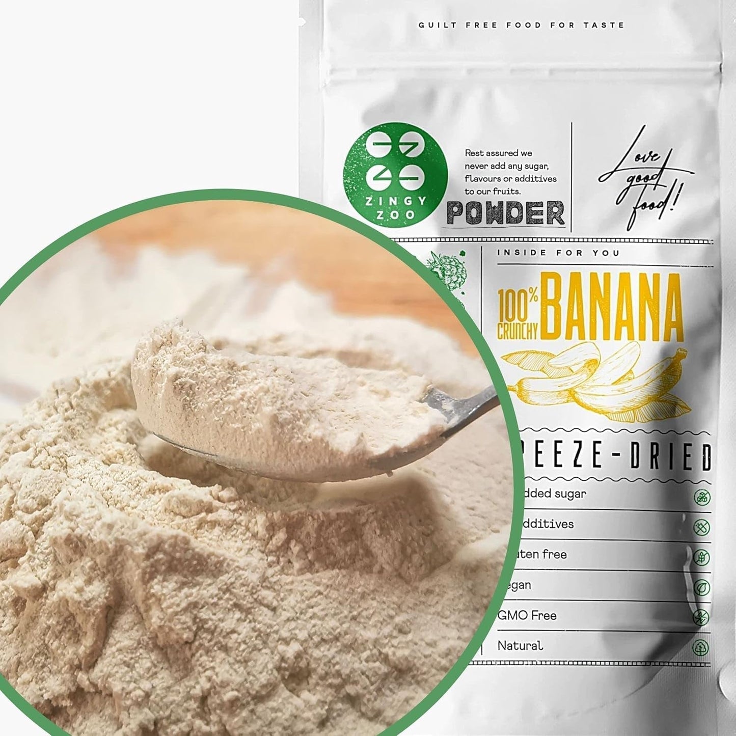 Gefriergetrocknete Bananen in Pulverform | XL 300g Fruchtpulver Gefriergetrocknetes Bananenpulver | Für Smoothie, Backen, Kuchen | Gefriergetrocknete Banane | Gefriergetrocknete Früchte | ZingyZoo Bananenpulver Dehydrierte Produkte Naty Shop 300G