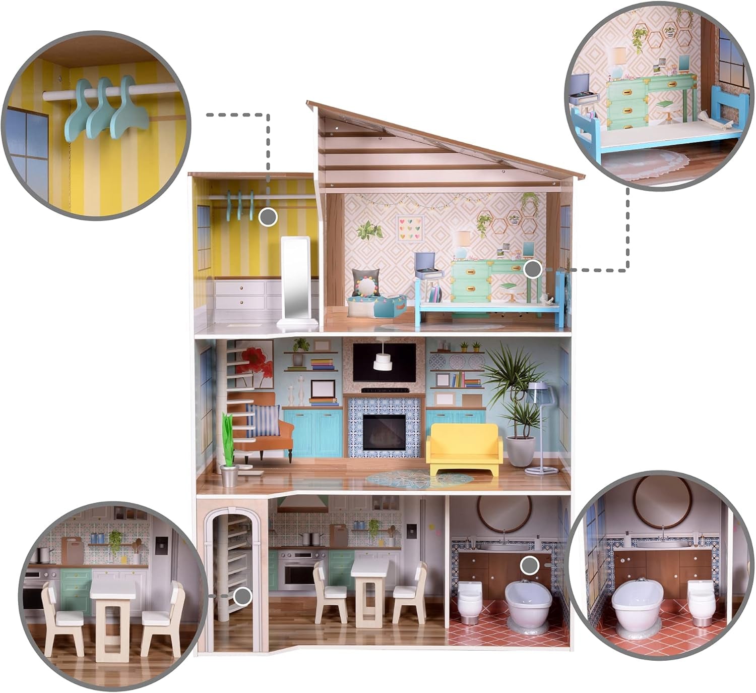 Olivia's Little World Modernes, dreistöckiges interaktives Puppenhaus aus Holz im mediterranen Stil für Kinder mit 17 Puppenmöbelzubehör, mehrfarbig, TD-13551B