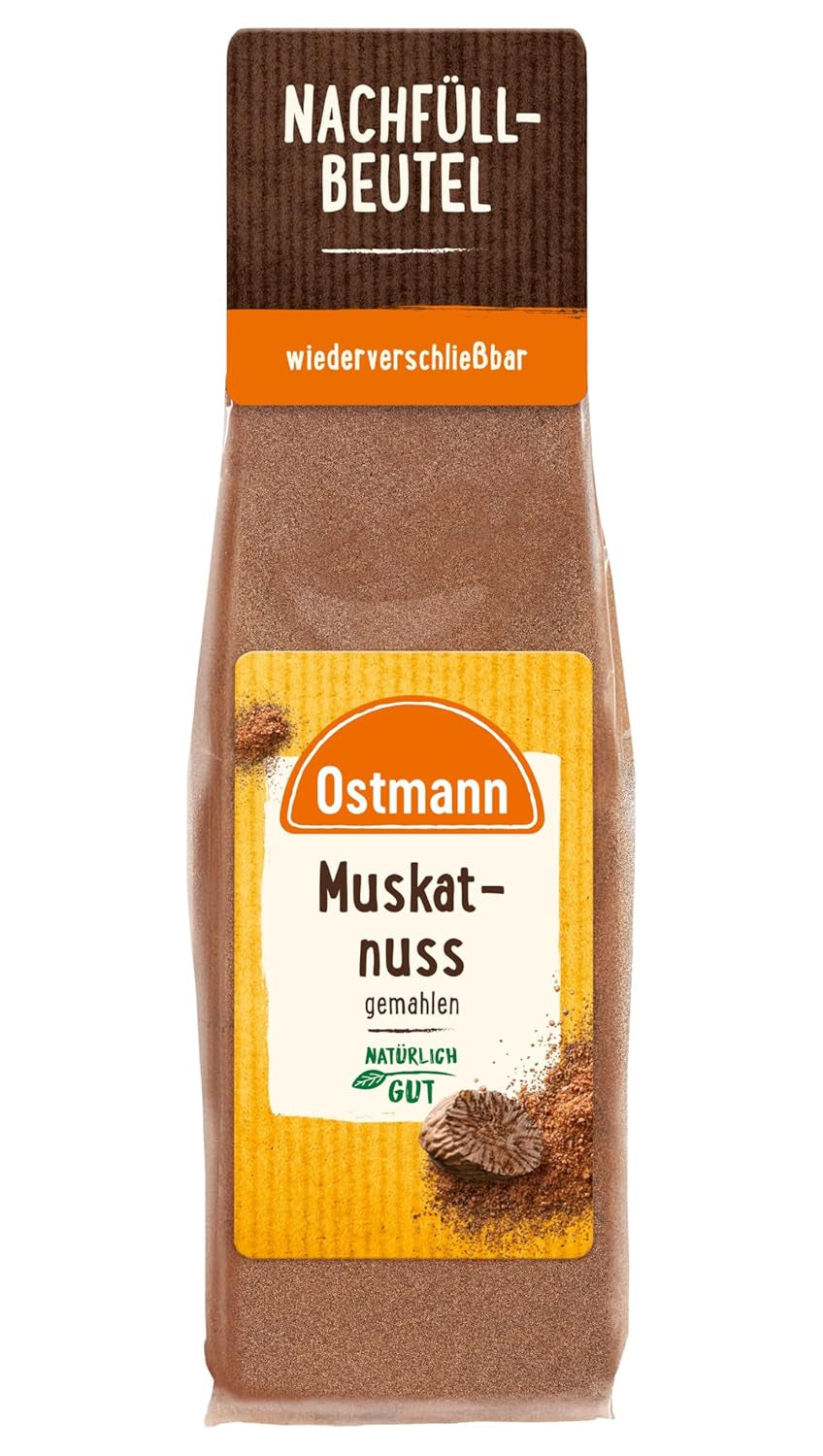 Ostmann Gewürze - Muskatnuss gemahlen | Ideal zum Würzen von Kartoffelgerichten. Zum Nachfüllen der Streudose | 50 g wiederverschließbarer Beutel