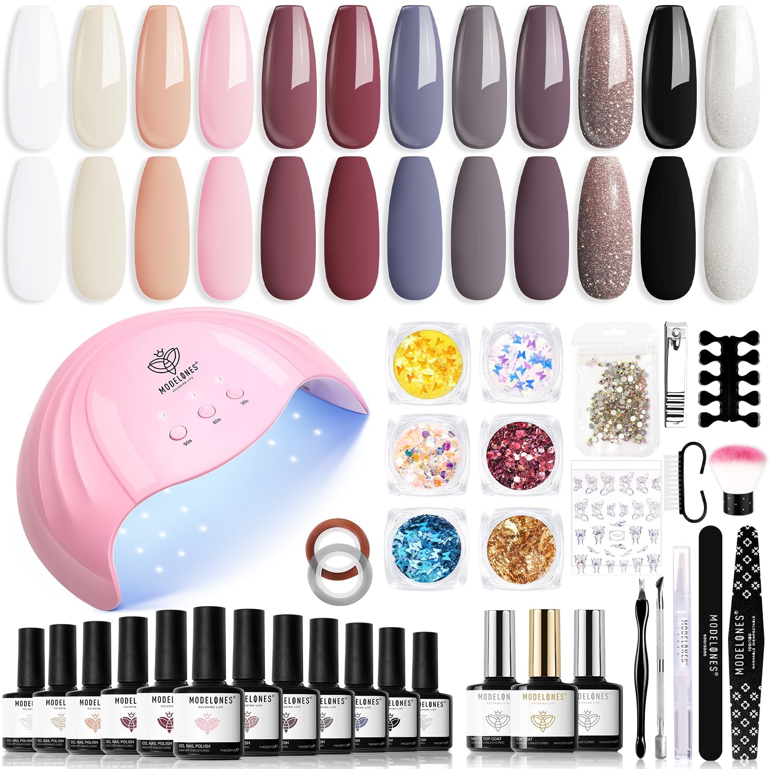 Modelones 35-teiliges Gel-Nagellack-Set, UV-Nagellack-Set mit 48-W-Lampe, Nude-Braun-Weiß-Rosa-Gel-Nagellack-Set, UV-Gel-Nagellack-Set mit Top Coat Base, Nagelstudio-Set
