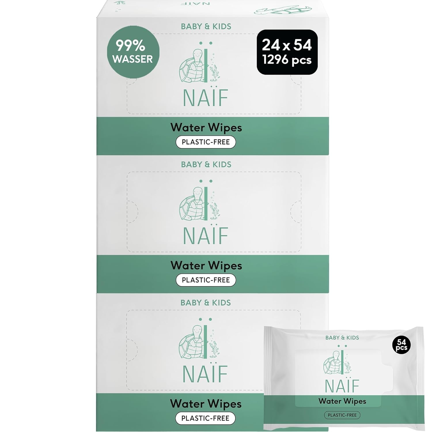 Plastikfreie Baby-Feuchttücher von Naïf, 432 Stück (8er-Pack x 54 Tücher) – Pflege für Babys Po, Körper und Gesicht – 99 % Wasser – 0 % Duftstoffe und Alkohol – Box mit nachhaltigen Feuchttüchern, empfindlicher Eukalyptus