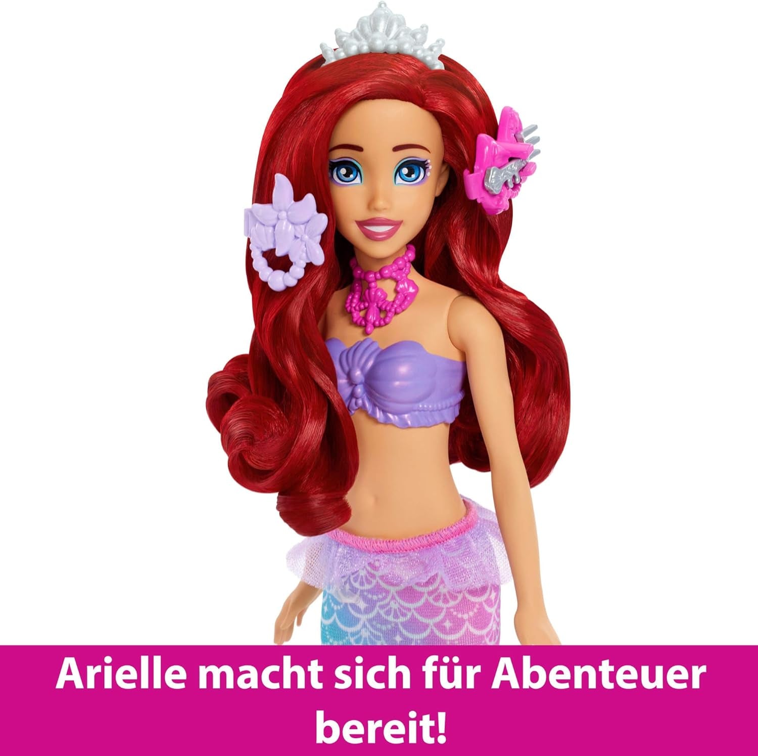 Mattel Disney Princess Toys, Make-up-Muschel Meerjungfrau Arielle Modepuppe mit abnehmbarem Schwanz, Schminktisch mit 5 wiederholbaren Pop-up-Überraschungen und 5 Zubehörteilen, JBF86 Naty Shop Dolls