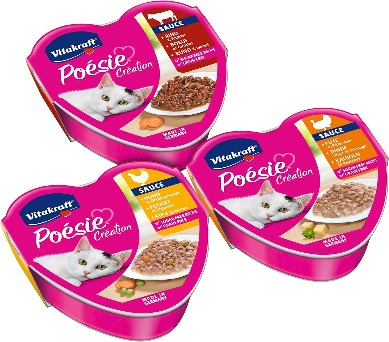 Vitakraft Poésie Création, Tender Selection, Nassfutter für Katzen, Nassfutter für Katzen in Soße, mit Huhn, mit Truthahn, mit Rindfleisch, ohne Zuckerzusatz und Getreide (1 Packung à 6 x 85g)