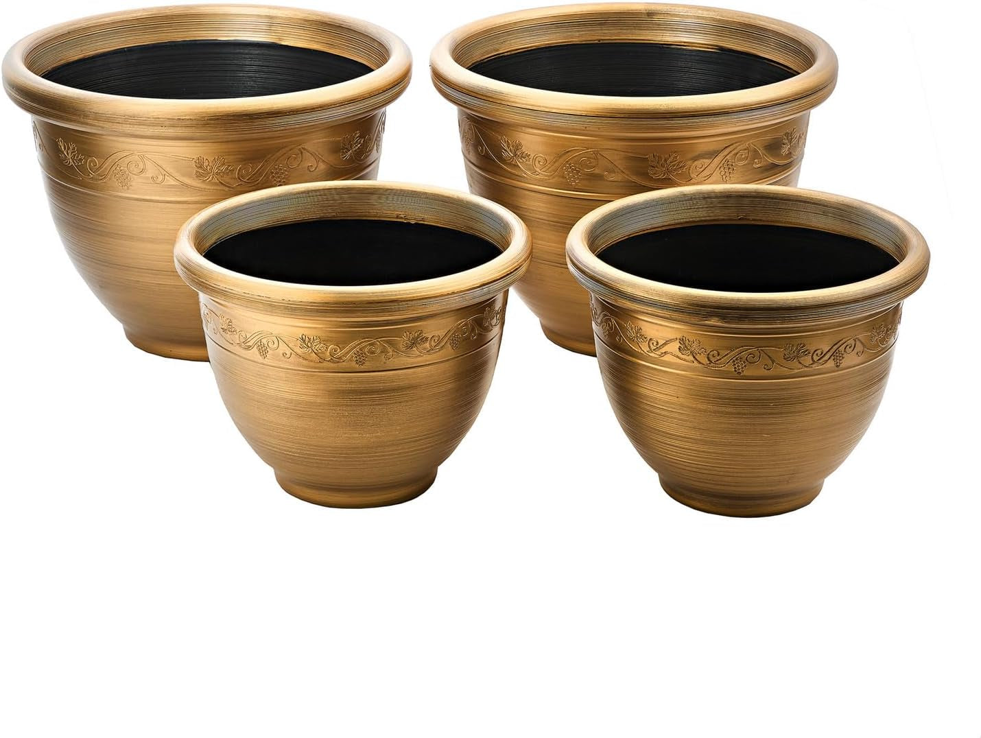 ® Pflanzgefäß-Set aus Kunststoff im Retro-Stil – 4-teiliges Set in zwei Größen – wetterfest und leicht – dekorativer Rand – Pflanzgefäß-Set aus Bronze