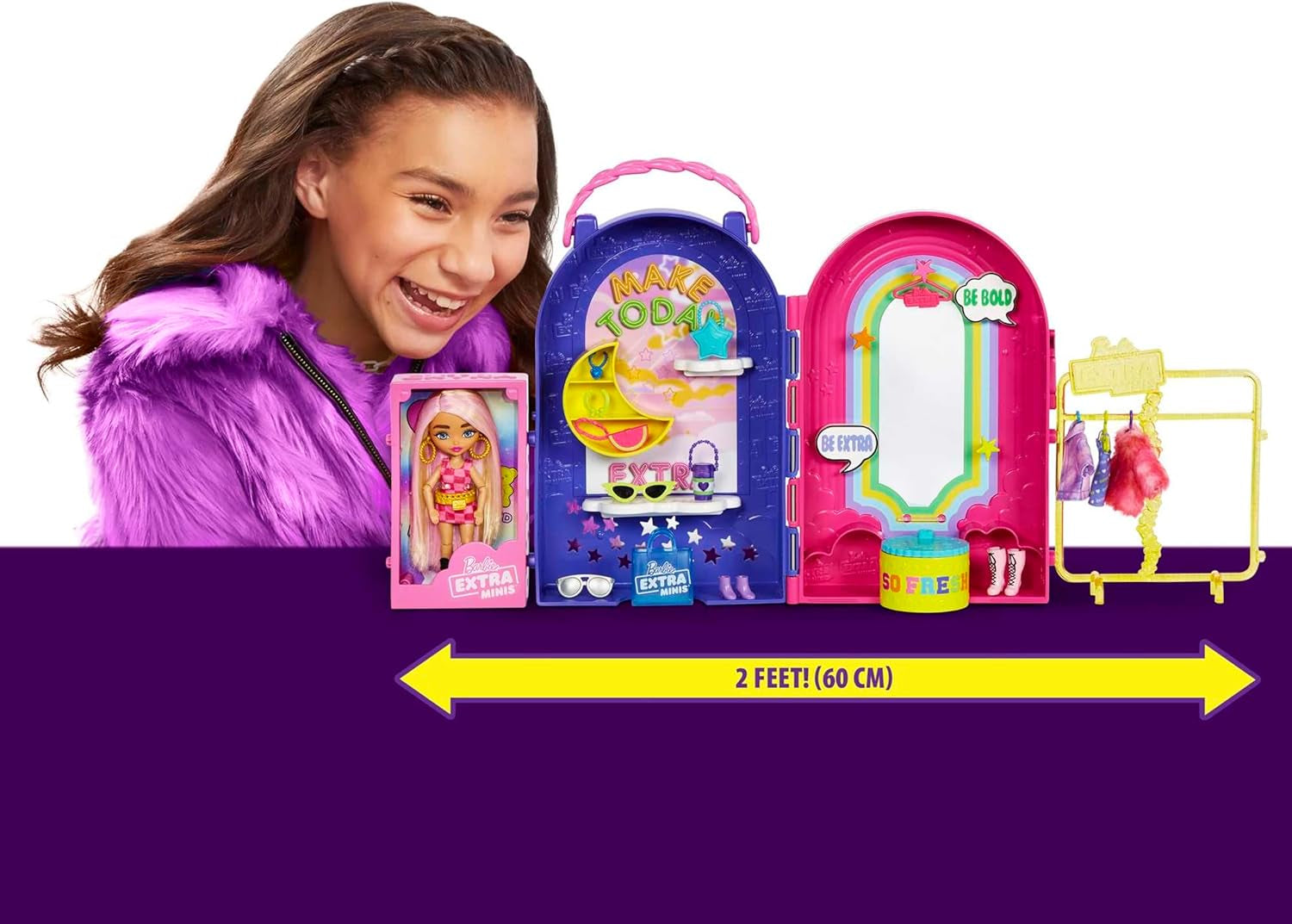Barbie Extra Minis, Extra Mini-Puppe und Boutique-Spielset, Kleiderschrank mit Schränken, Regalen, Spiegeln, 360-Grad-Plattform, Extra Mini-Puppe mit rosa Haarschmuck, HHN15