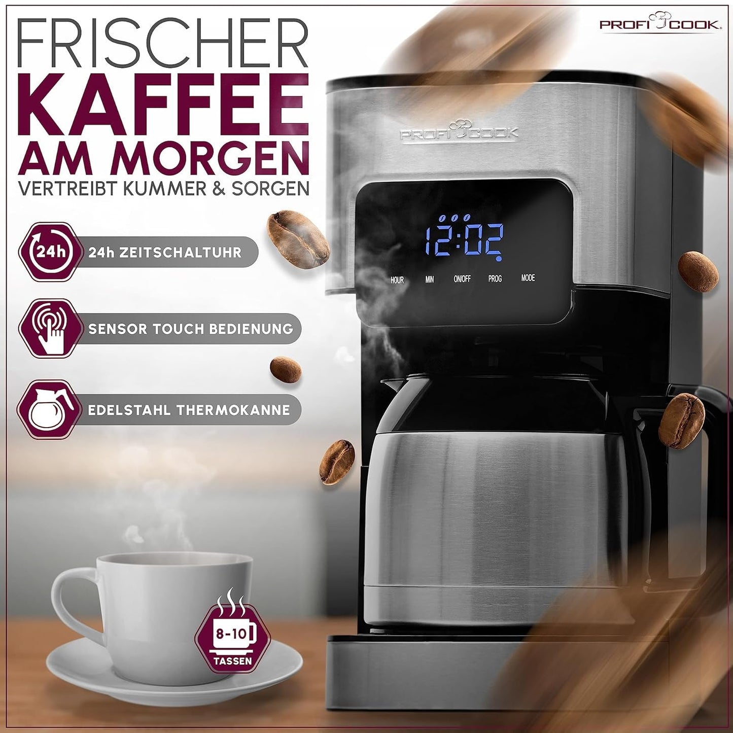 Kaffeemaschine Profi Cook | 8-10 Tassen | Timer | Sensor-Touch-Steuerung | 1,2 Liter doppelwandige Thermoskaraffe | Geschmackssiegel | Filterkaffeemaschine aus Edelstahl | PC-KA 1191