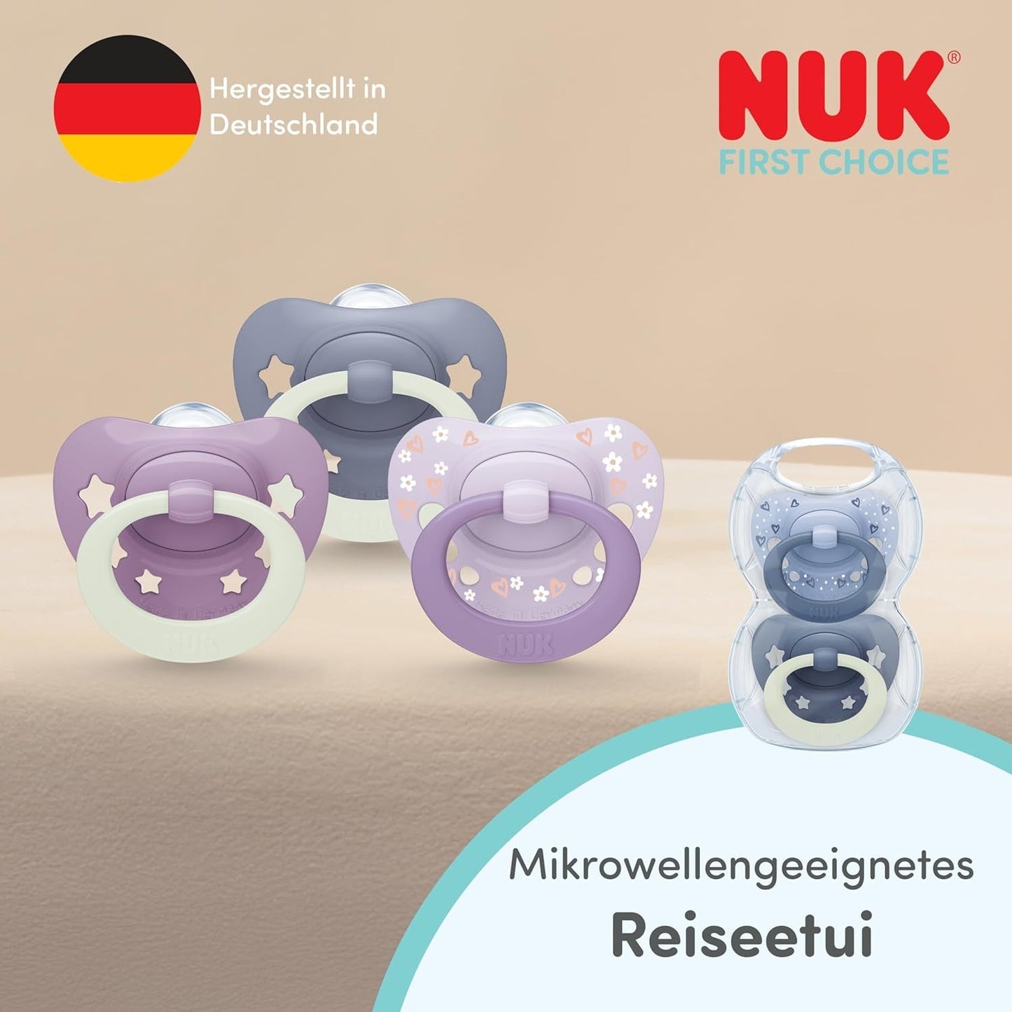 NUK First Choice Classic Tag- und Nachtschnuller für Babys | 6-18 Monate | Kieferorthopädische Schnuller, die im Dunkeln leuchten | 95 % Akzeptanz bei Babys** | Blau | 2 Stück