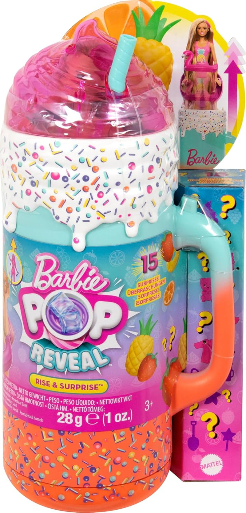 BARBIE Pop Reveal Rise & Surprise Geschenkset – 15+ Überraschungen, darunter 1 Barbie-Puppe, Strandzubehör für spielerischen und fruchtigen Spaß für Kinder ab 3 Jahren, 57 HRK