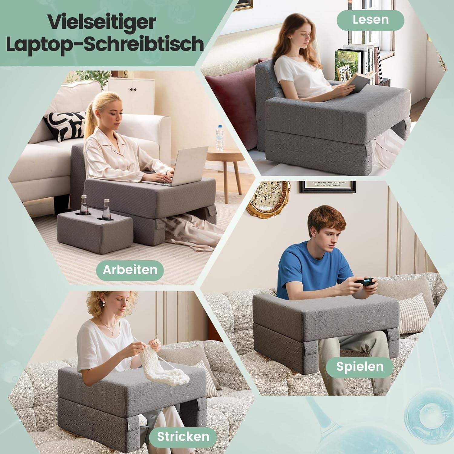Lesekissen für Bett und Sofa, Bücherkissen, frei kombinierbar mit Getränkehalter und waschbarem Bezug, verstellbares Laptop-Schreibtischkissen zum Lesen, Spielen, Arbeiten, Schreiben (Grau)