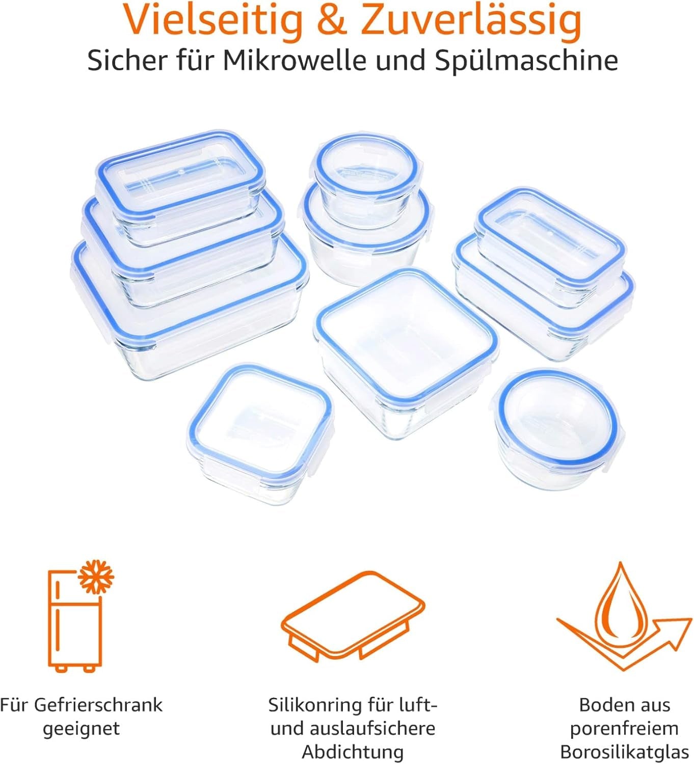 Amazon Basics Lebensmittelbehälter aus Glas mit Deckel, 20er-Pack (10 Behälter + 10 Deckel), BPA-frei, durchsichtig, blau, Aufbewahrungsboxen für Lebensmittel, Naty Shop