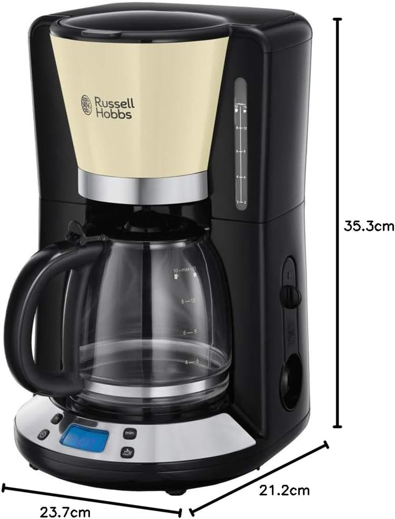 Russell Hobbs Kaffeemaschine [Digitaler Timer, Duschkopf für optimale Extraktion und Aroma] Colors+ Creme (1 bis 10 Tassen, 1,25 l Glaskaraffe, Heizplatte, 1100 W) Filterkaffeemaschine 24033-56