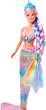 Simba 105733610 - Steffi Love Rainbow Mermaid, Regenbogen-Meerjungfrau-Modepuppe mit bunten Haaren, Haarspangen, Kamm und abnehmbarer Flosse, Spielpuppe 29 cm, ab 3 Jahren