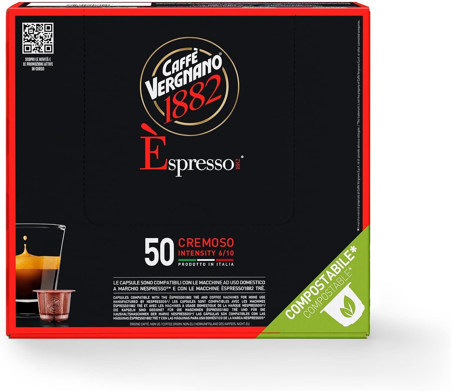 Caffè Vergnano 1882 – Èspresso kompostierbare Kaffeekapseln, kompatibel mit Nespresso, Cremoso (cremig) – Packung enthält 50 Kapseln