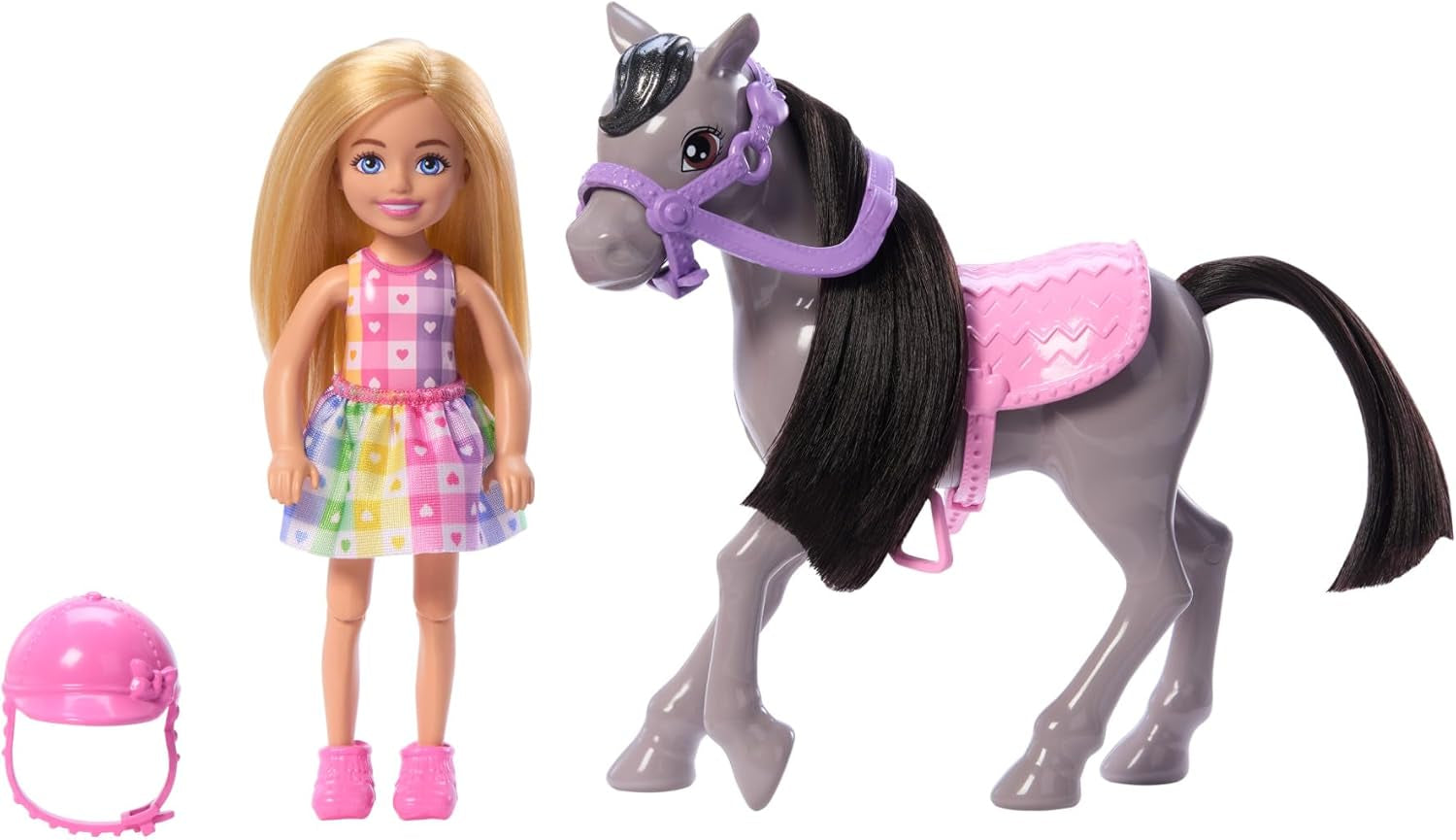 Chelsea und Ponys Barbie-Puppe – Anschnallen zum sicheren Spielen und Fahren, rosafarbener Sattel und Stufen, inklusive Helm und niedlichem kariertem Kleid, ab 3 Jahren, HTK29