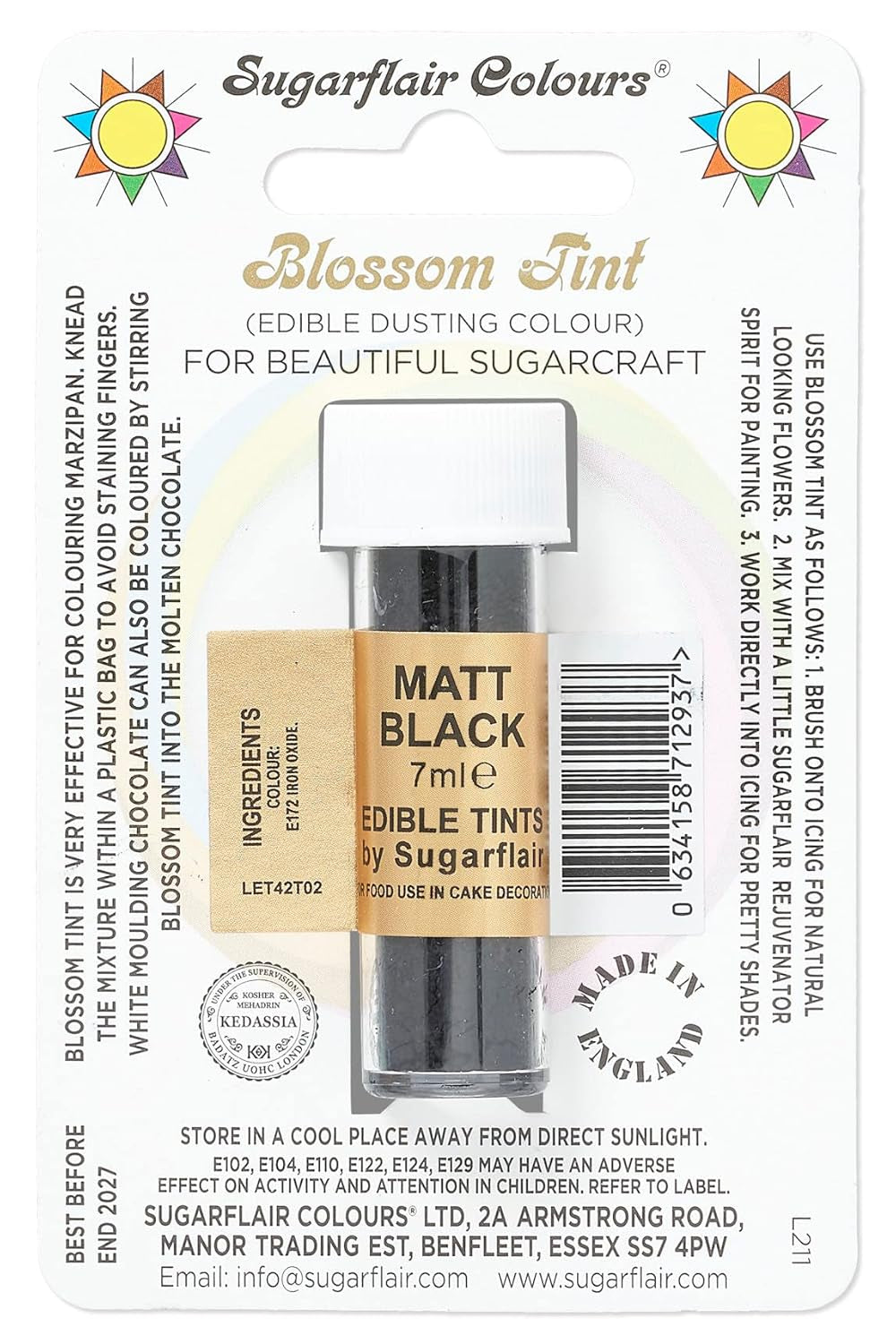 Lebensmittelfarbpulver Sugarflair Blossom Tint Dusting, mattschwarz – Lebensmittelfarbpulver zum Dekorieren von farbiger Zuckerpaste, Fondant, Glasur, Schokolade, Buttercreme, Makronen – 7 ml