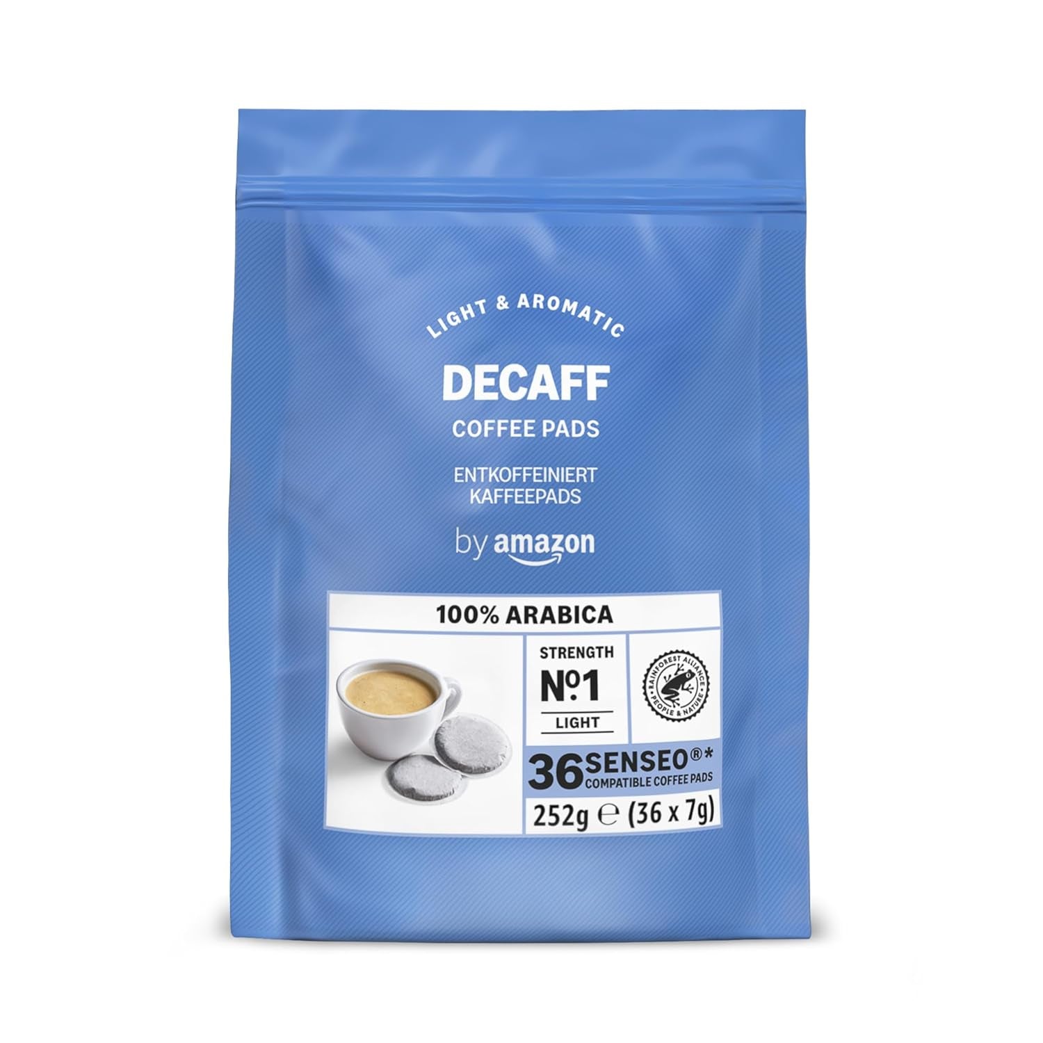 von Amazon Entkoffeinierte 100% Arabica-Kaffeepads, geeignet für Senseo-Maschinen, mittlere Röstung, 36 Stück (1 Packung mit 36 ​​Stück) – Rainforest Alliance-zertifiziert