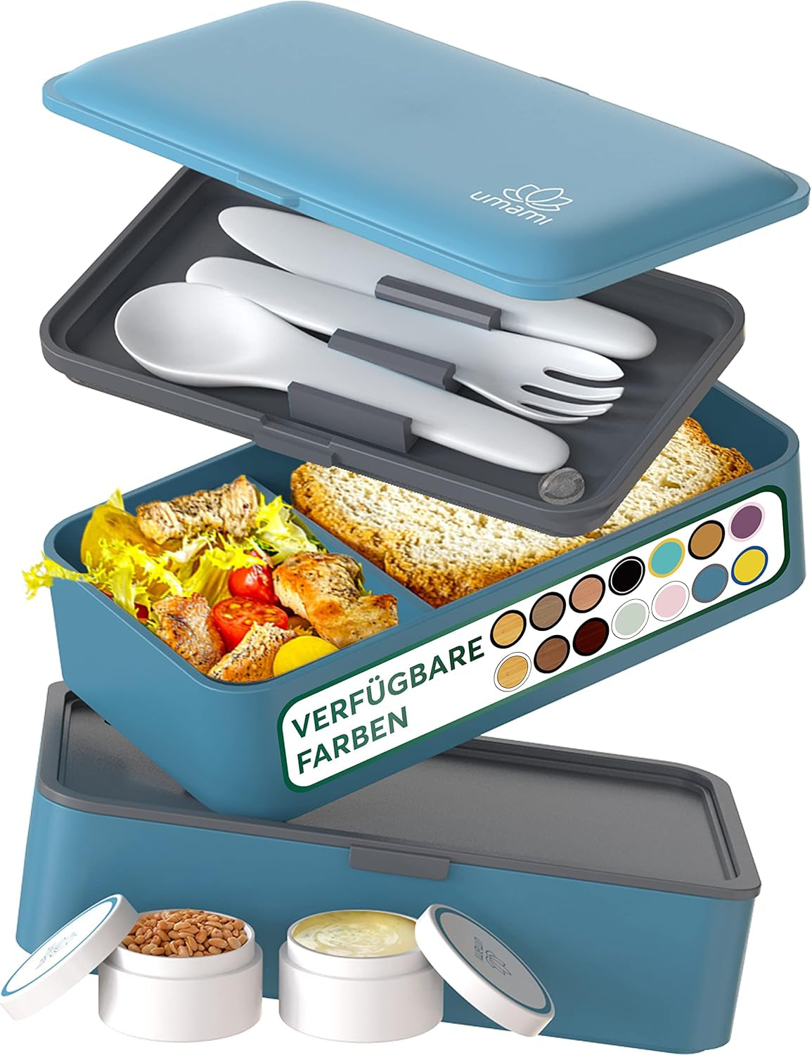Umami-Lunchbox für Erwachsene, stapelbare Bento-Box mit 4 Besteck und Fächern, Lunchbox für Erwachsene, To-go-Salatbehälter, Picknick-/Büro-Lunchbox, Anthrazit, 1500 ml, Frischhalteboxen Naty Shop Denim Blue L – 1200 ml