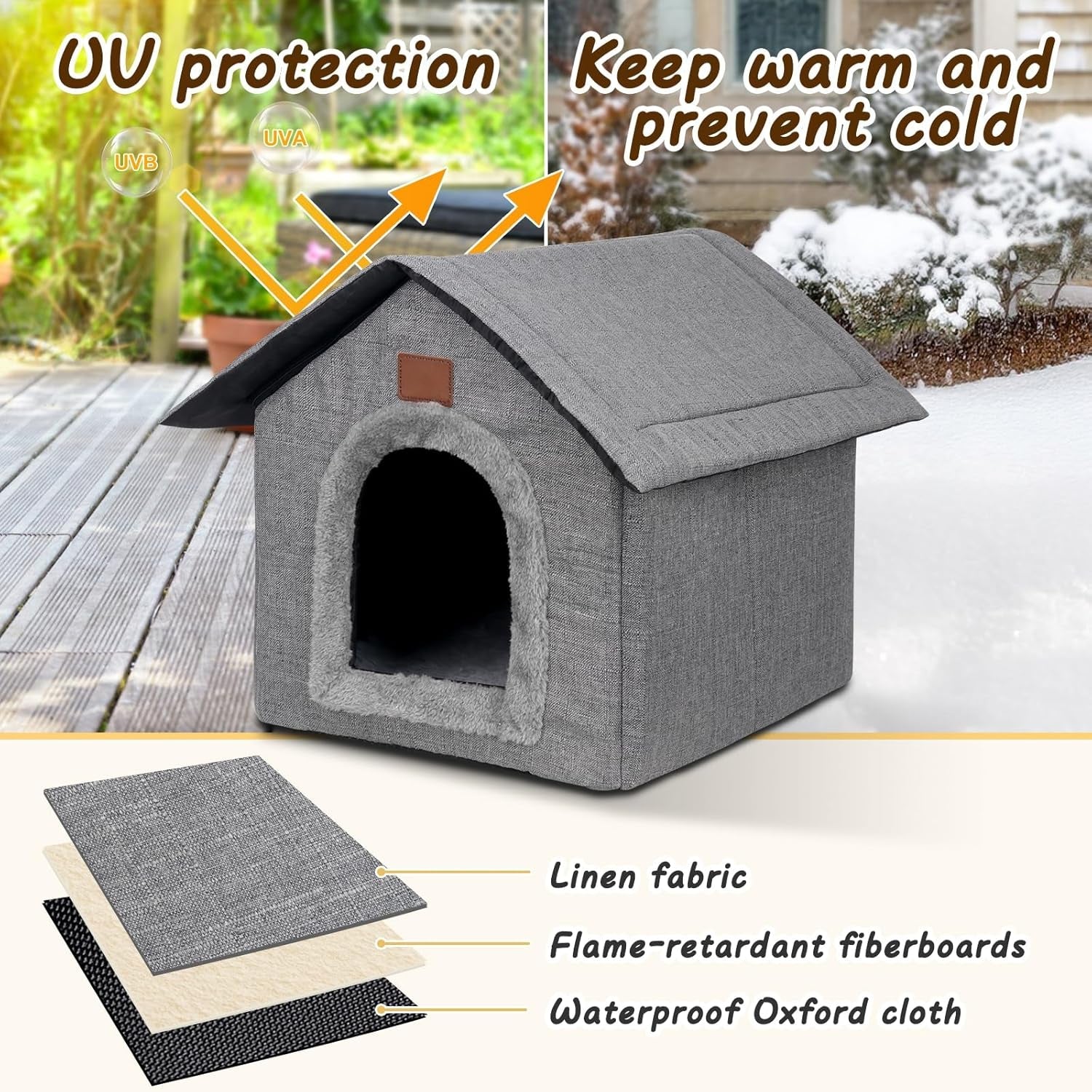 Katzenhaus Outdoor Winterfest, Katzenhöhle, Hundehöhle mit abnehmbarem Plüschkissen, Wasserdichter Wetterfester, Hundehütte Indoor, Hundehaus für Drinnen/Indoor 35x30x35cm (Grau, S)