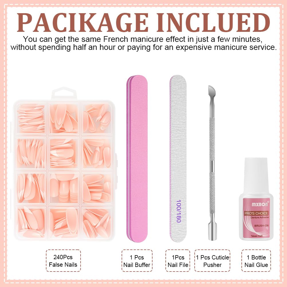 240-teiliges Set mit künstlichen Nagelspitzen, French Press On False Nails, Press On French Nails, 12 Größen, Fake Nails mit Kleber für Damen und Herren (Nude White Medium Almond)