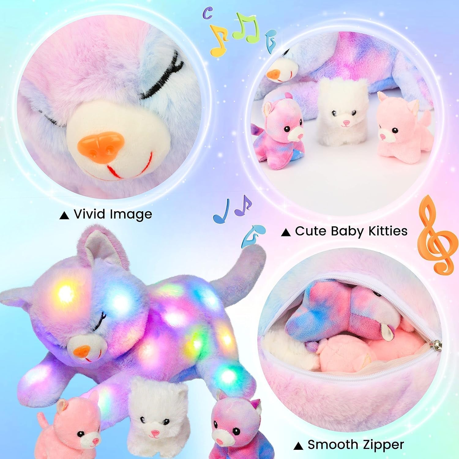 LED-Musik-Plüschkatze, leichtes singendes Spielzeug, Katzenmutter mit 3 Kätzchen im Bauch, animiertes Schlaflied, beruhigendes Spielzeug für Mütter, Kinder, kleine Mädchen, Regenbogen, 45 cm