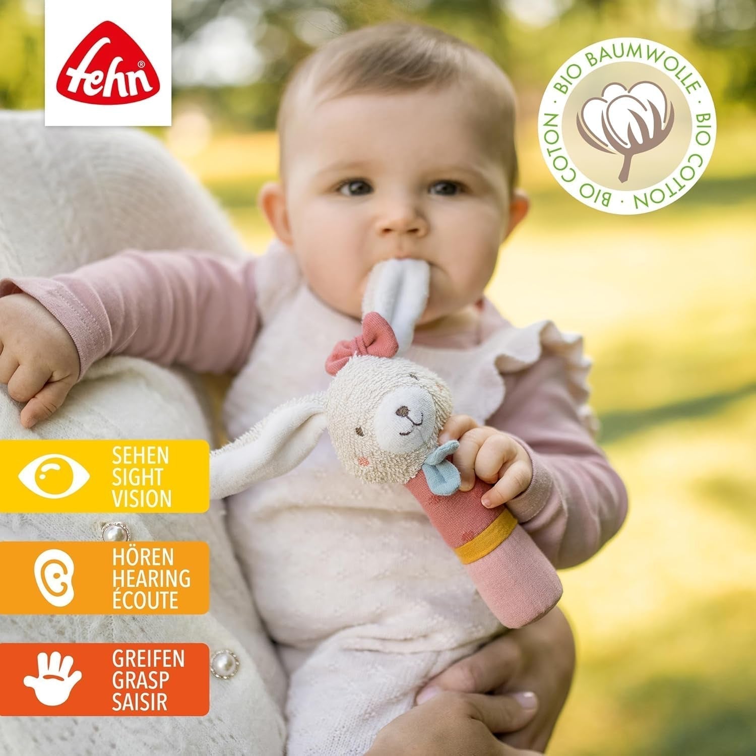 Fehn Greifstabspielzeug für Kinder fehnNatur Hasenspielzeug – Motorikspielzeug mit Rassel zum Greifen, Knuddeln – Greifling mit Bio-Baumwolle – Spielzeug für Babys und Kleinkinder ab 0+ Monaten Babyspielzeug Naty Shop