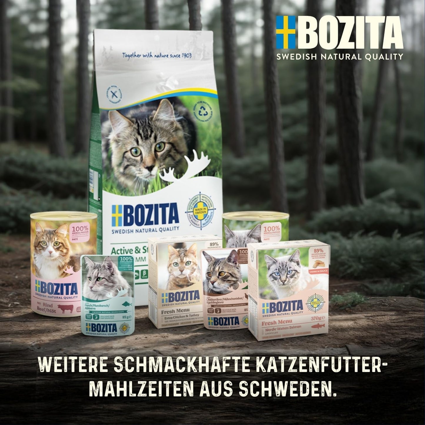 Bozita Beutel Nassfutter mit Stücken in Soße und Truthahn – 12 Portionsbeutel x 85 g Getreide- und weizenfreies Katzenfutter – Nassfutter für ausgewachsene Katzen mit 8,5 % Protein und 4,5 % Fett