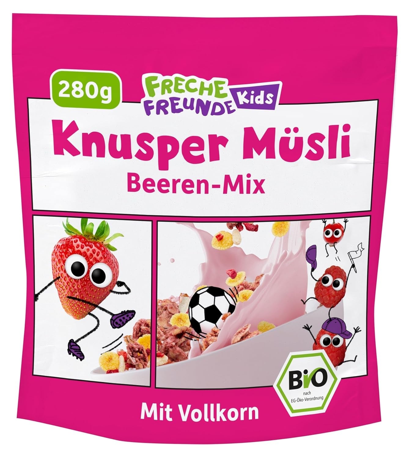 FRECHE FREUNDE Bio-Frühstücksmüsli Edda's Beeren-Knusper-Müsli-Mischung für Schulkinder mit gefriergetrockneten Erdbeeren, vegan, 6er-Pack (6 x 280 g)