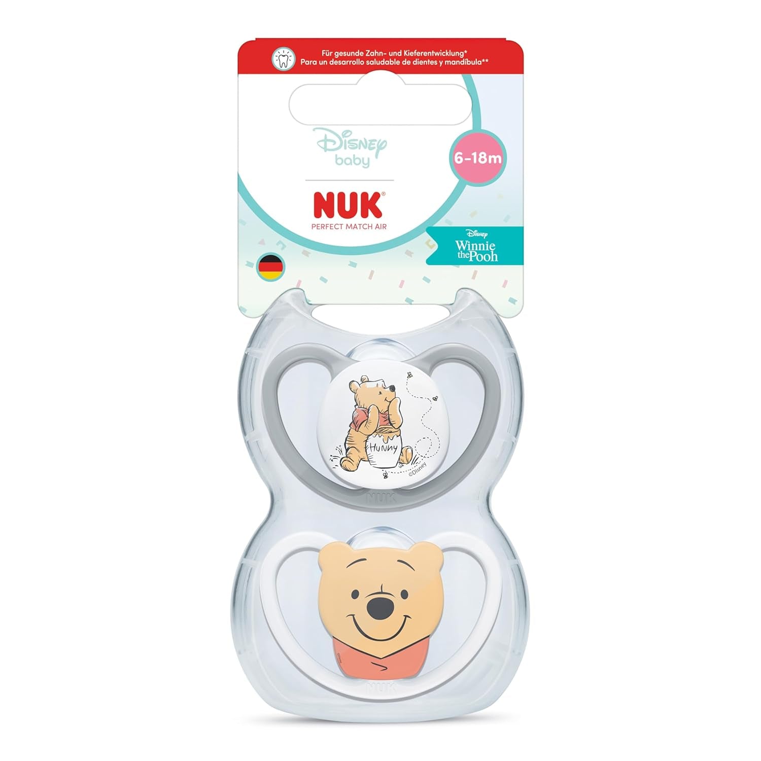 NUK Perfect Match Luftschnuller für Babys | 6-18 Monate | Kieferorthopädische Schnuller, die die Luftzirkulation fördern und durch Speichel verursachte Hautausschläge verhindern | 95 % Akzeptanz bei Babys** | Disney Winnie Puuh | 2 Stück