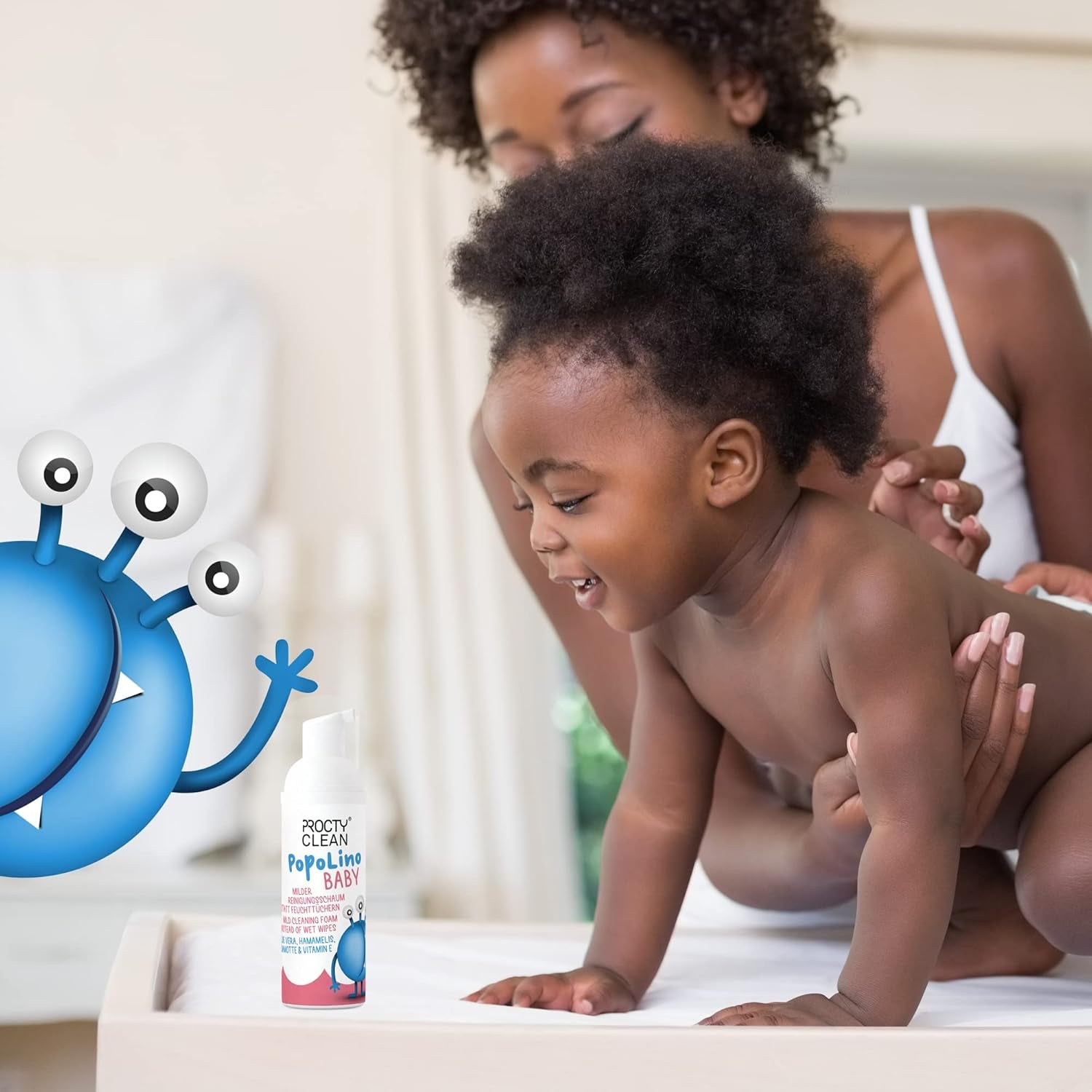 PopoLino Baby-Schaumstoff mit weicher Unterseite anstelle nasser Babytücher. Veganer und natürlicher kosmetischer Reinigungsschaum! Poschaum mit Aloe Vera, Hamamelis, Bergamotte und Vitamin E. Macht Po und Umwelt glücklich.