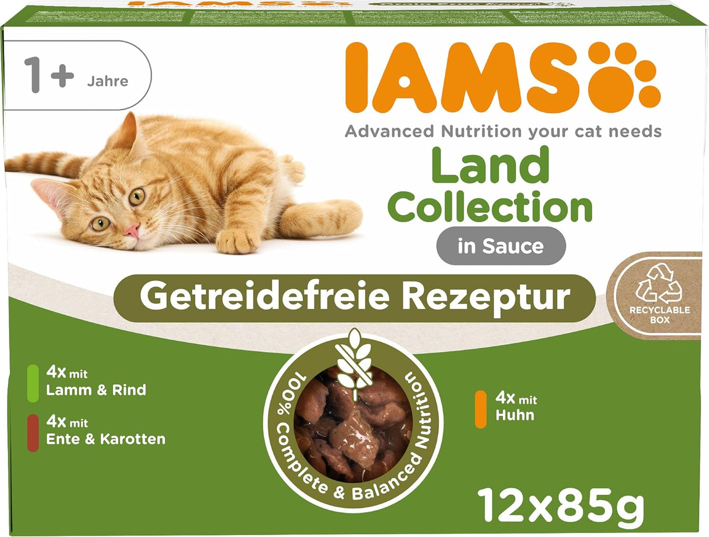 IAMS Delights Land Collection Getreidefreies Nassfutter für Katzen – Fleisch-Sortenpaket, Mehrfachpackung, getreidefreies Nassfutter für Katzen ab 1 Jahr, 12 x 85 g