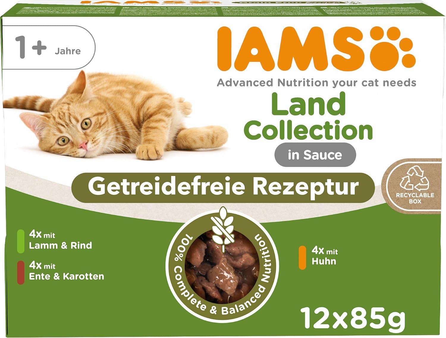 IAMS Delights Land Collection Getreidefreies Nassfutter für Katzen – Fleisch-Sortenpaket, Mehrfachpackung, getreidefreies Nassfutter für Katzen ab 1 Jahr, 12 x 85 g