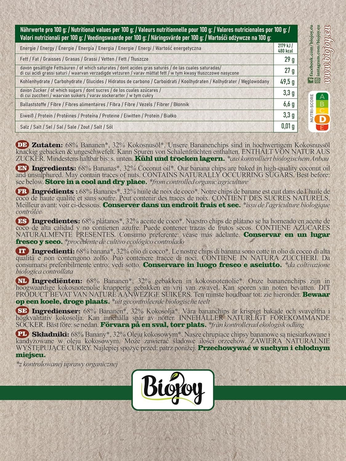 Biojoy Bio-Bananenchips (500 g), getrocknete und ungeschwefelte Naty Shop dehydrierte Produkte