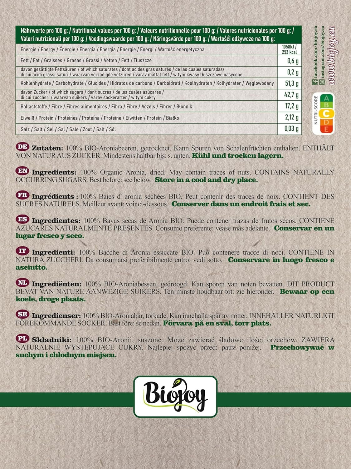 Biojoy Bio-Apfelbeerfrüchte (1 kg), getrocknet und ganz (Aronia melanocarpa) Dehydrierte Produkte Naty Shop