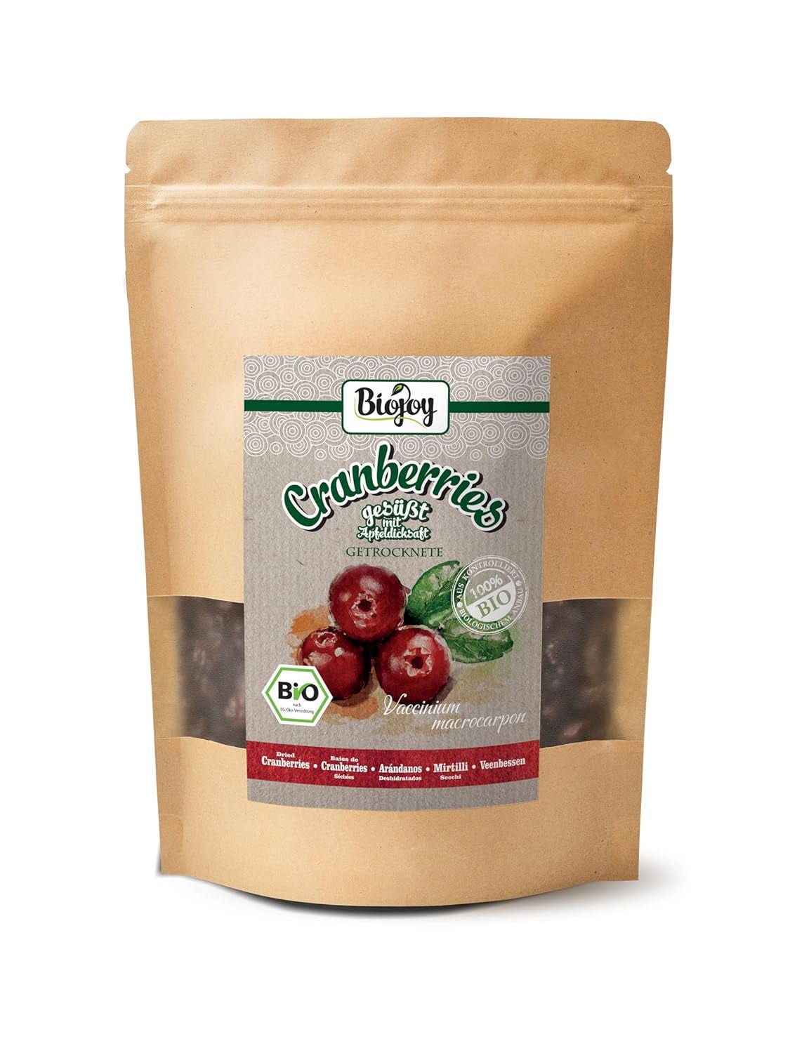 Biojoy getrocknete Bio-Preiselbeeren (1 kg), mit Apfelsirup gesüßte Preiselbeeren. Dehydrierte Produkte Naty Shop 500 g