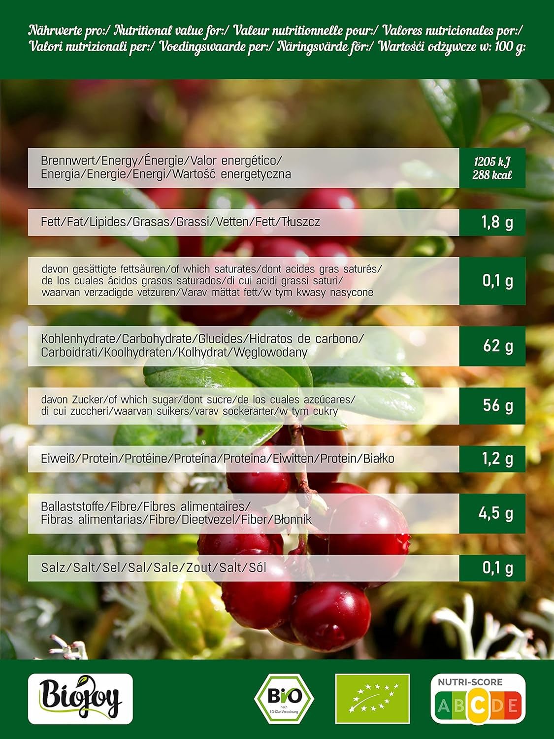 Biojoy getrocknete Bio-Cranberries (1 kg), mit Apfelsirup gesüßte Cranberries. Dehydrierte Produkte Naty Shop