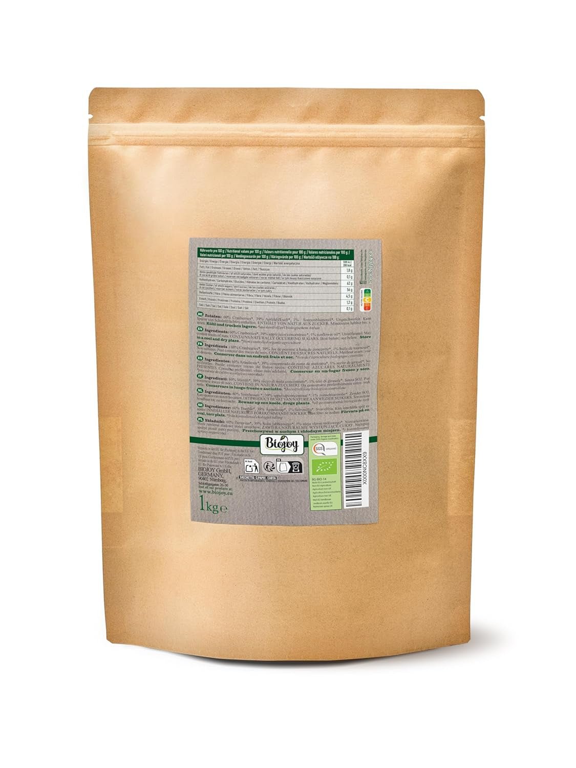 Biojoy getrocknete Bio-Cranberries (1 kg), mit Apfelsirup gesüßte Cranberries. Dehydrierte Produkte Naty Shop
