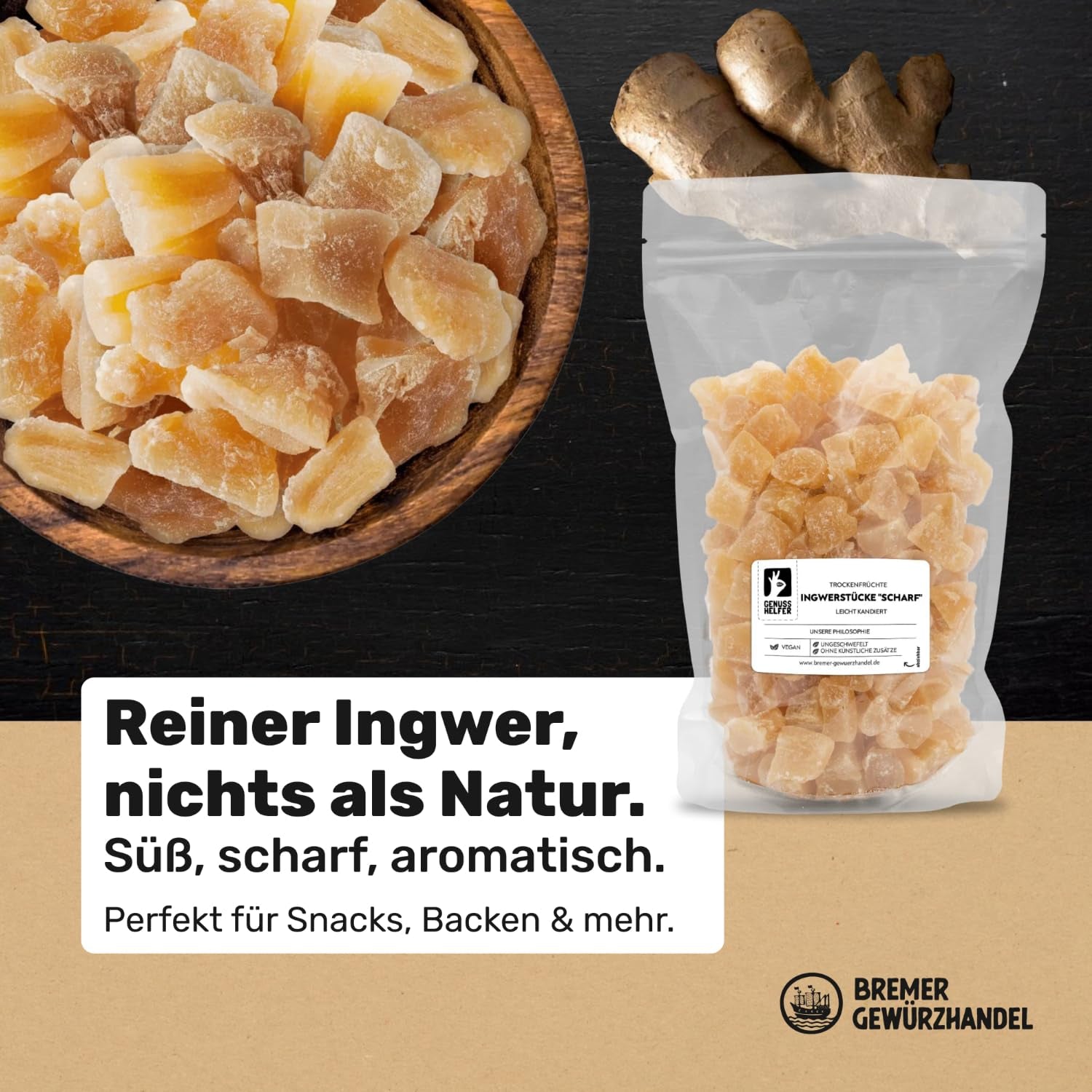 Bremer Gewürzhandel Ingwer, Trockenfruchtstücke gewürzt, aromatisch, würzig, ungeschwefelt, 1kg Dehydrierte Produkte Naty Shop