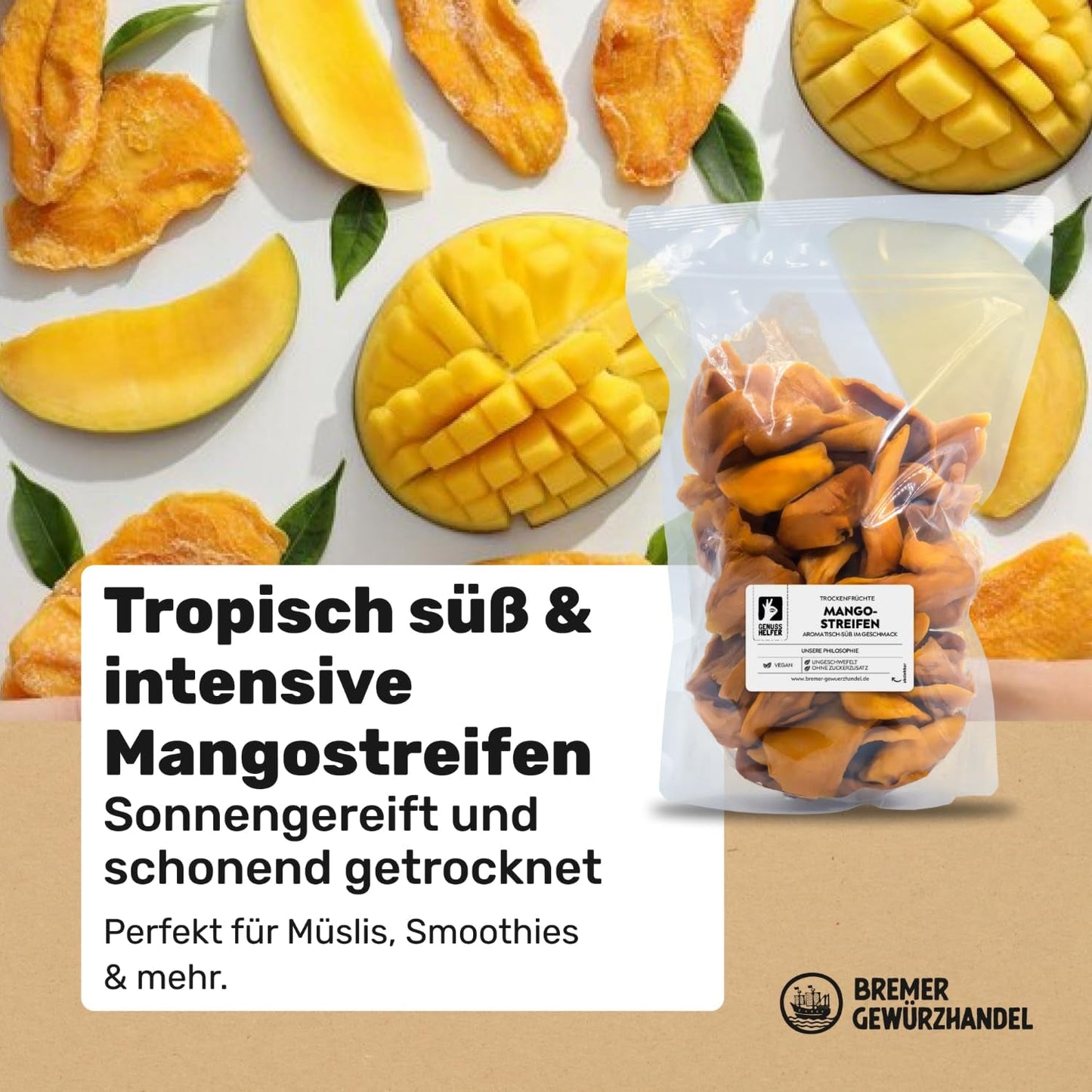 Bremer Gewürzhandel Mango, getrocknete Mangostreifen, ungeschwefelt, ohne Zuckerzusatz, 1kg Dehydrierte Produkte Naty Shop