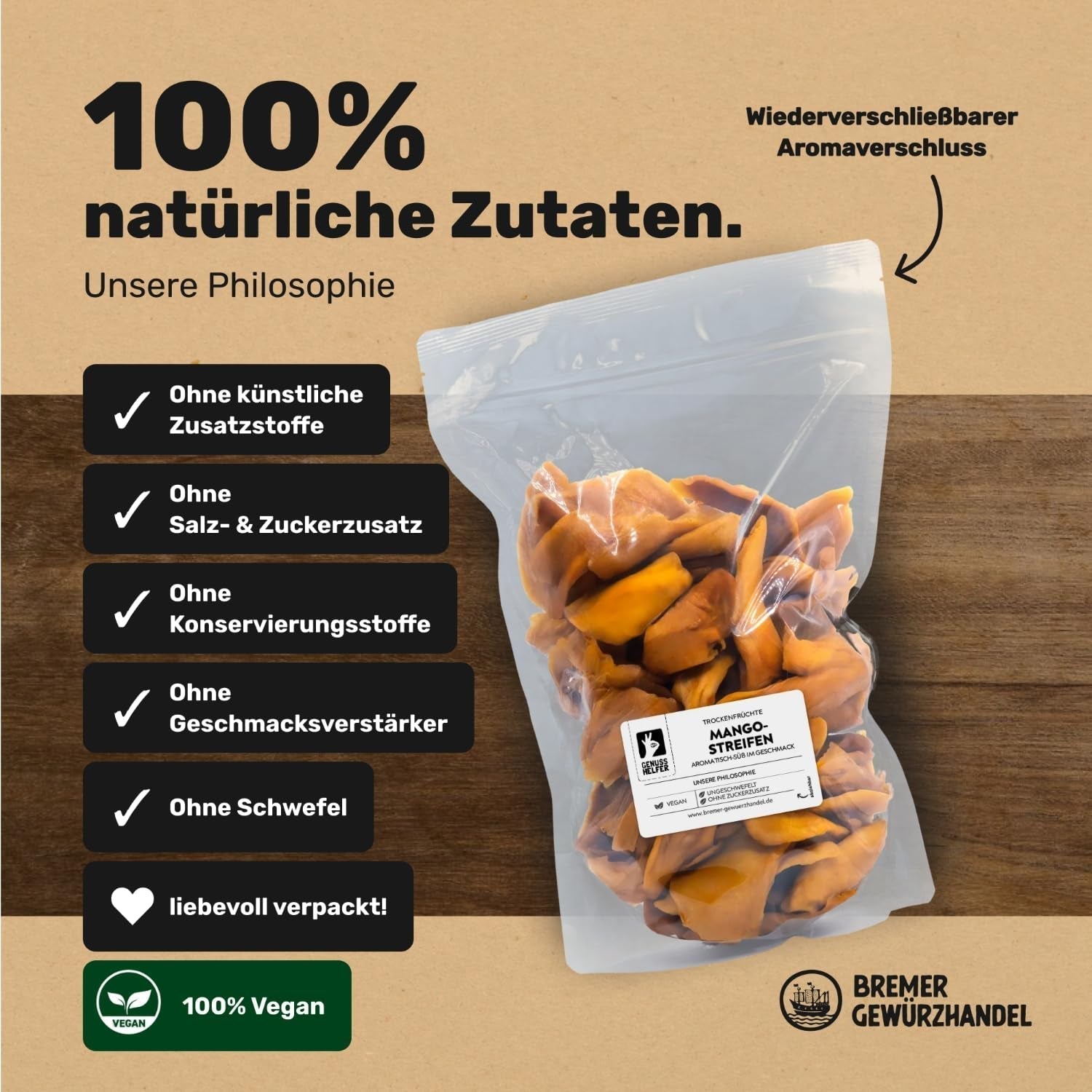 Bremer Gewürzhandel Mango, getrocknete Mangostreifen, ungeschwefelt, ohne Zuckerzusatz, 1kg Dehydrierte Produkte Naty Shop