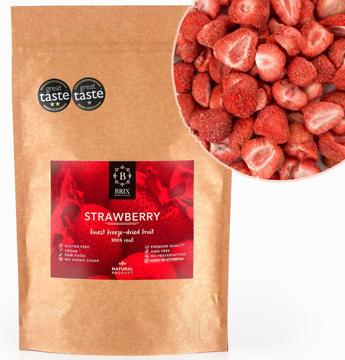 BRIX gefriergetrocknete Erdbeeren | Natürliche Erdbeeren 75 g | Great Taste Award für getrocknete, gefriergetrocknete Früchte | GVO-frei, glutenfrei, vegan, ohne Vitamine Naty Shop Dehydrierte Produkte Standardtitel