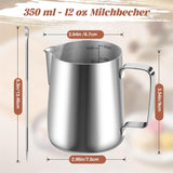 Milchbecher, 350 ml, Milchbecher aus Edelstahl mit Messmarkierung, Barista-Zubehör, Milchbecher für Cappuccino, Espresso, Latte Art, Kaffeeliebhaber, Silber, 355 ml
