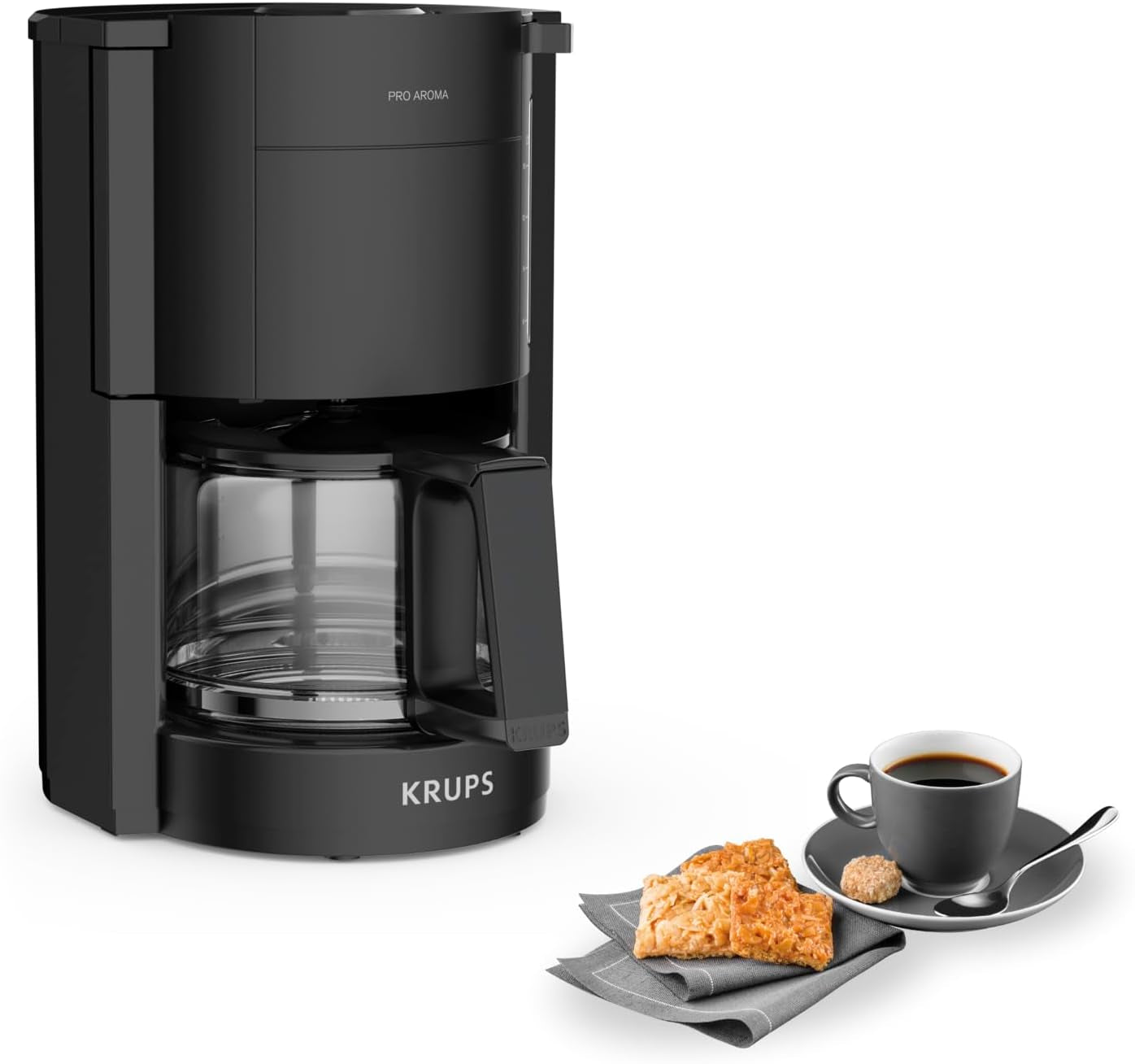 Krups F30908 ProAroma Espressomaschine mit Filter und Glaskaraffe, Fassungsvermögen 1,25 l, 10-15 Tassen, 1050 W, schwarz