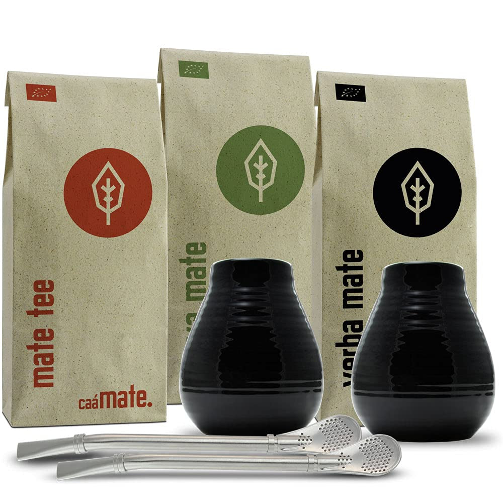 Mate-Tee-Set für zwei, Bio ● 2 Mate-Tassen + 2 Bombillas + 300 g Mate-Tee + Zubereitungsanleitung