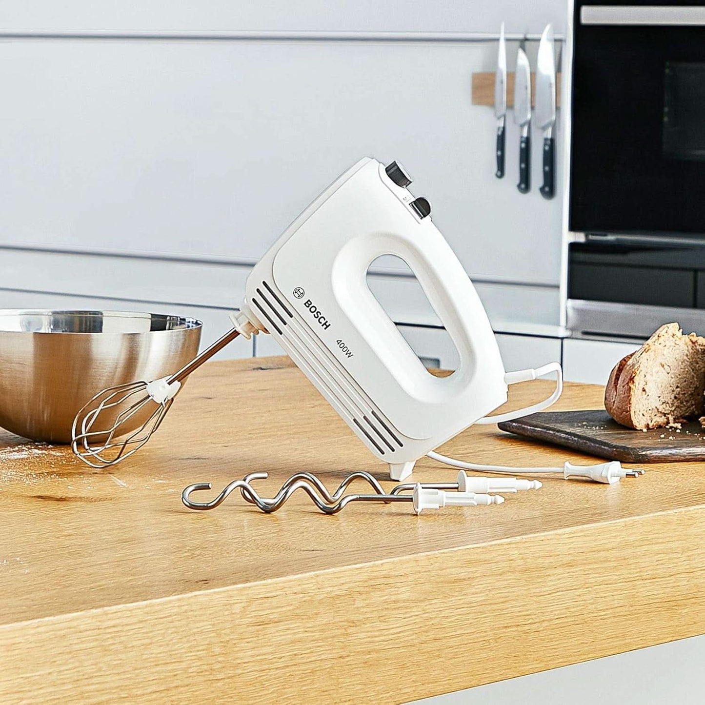 Bosch Hausgeräte Handrührer Clevermixx MFQ24200, 2 Rührbesen, 2 Spülmaschinengeeignet, 4 Stufen, Leicht, Leise, 400 W Weiß/Edelstahl Kitchen Naty Shop