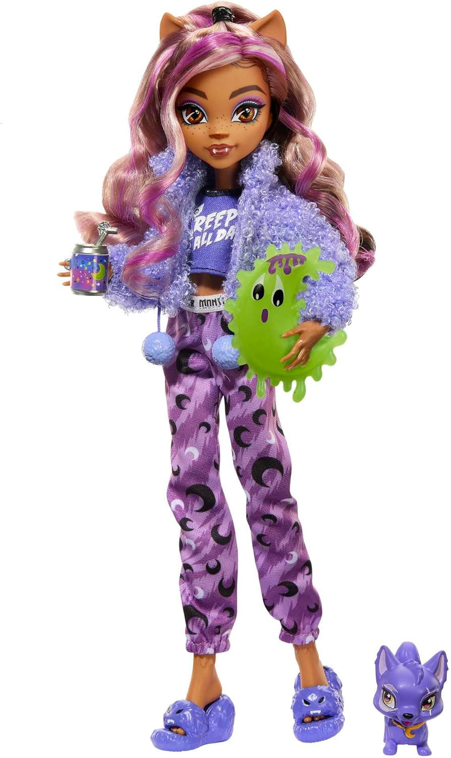 MONSTER HIGH Puppen- und Übernachtungszubehör, Clawdeen-Wolf-Puppe mit Haustierkatze, Halbmond, Creepover-Party, HKY67
