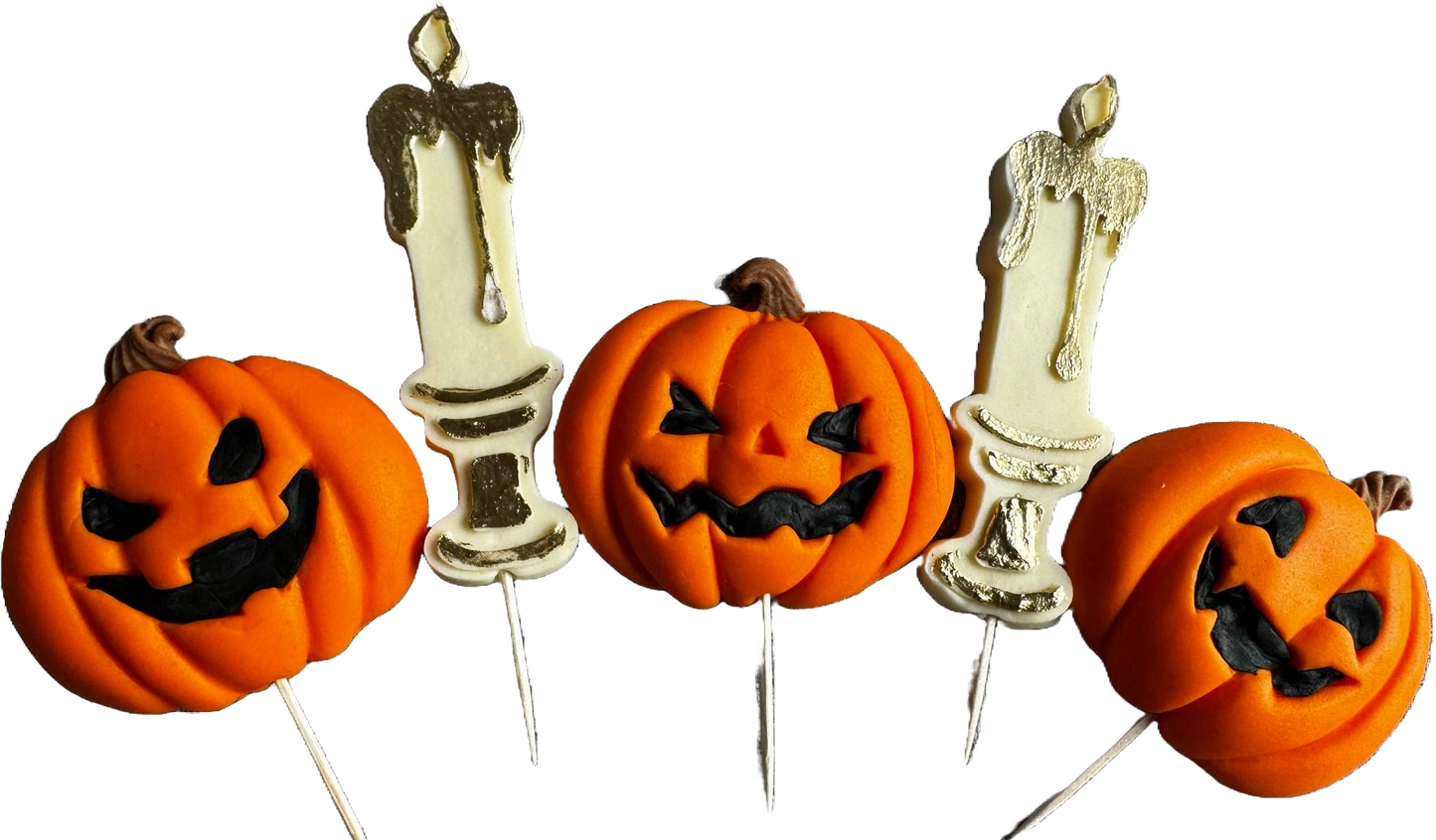Set mit 5 essbaren Dekorationen aus Zuckerpaste, Halloween, Kürbisse und Kerzen. Dekorationen aus Zuckerpaste, Naty Shop